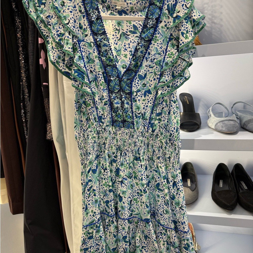 Poupette St. Barth Blue and White Flutter Sleeve Sundress